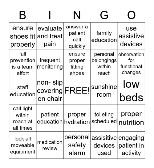 FALL PREVENTION Bingo Card