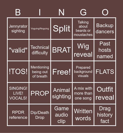 Hungry's Twitchcon Drag Showcase Bingo Card