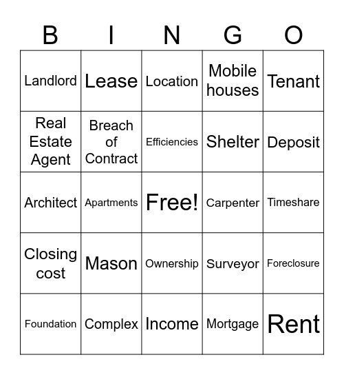 Housing Bingo Card