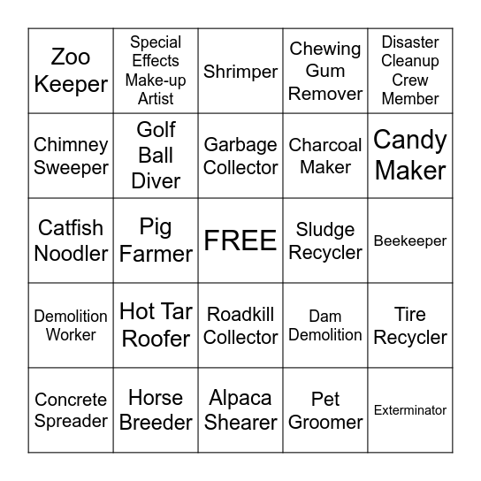 Dirty Jobs Bingo Card