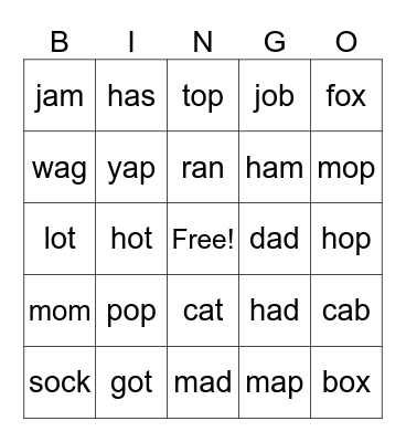 Short A and O Sounds Bingo Card