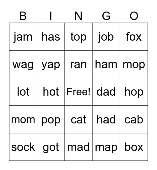 Short A and O Sounds Bingo Card
