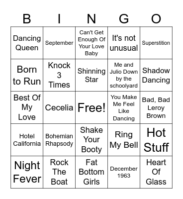 70's SONGS Bingo Card