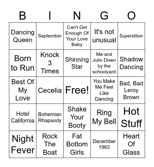 70's SONGS Bingo Card