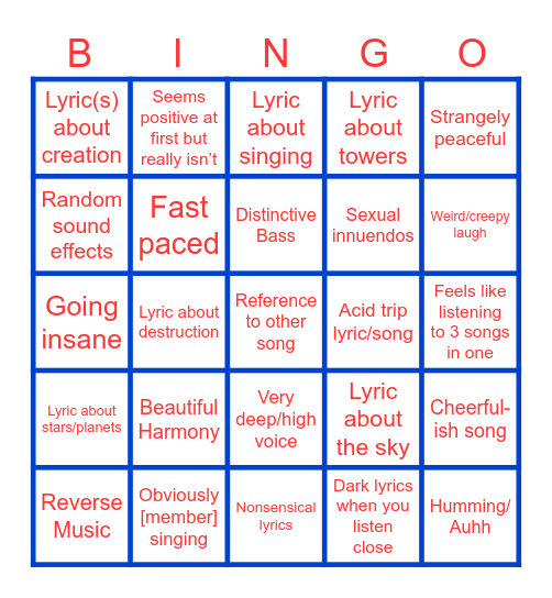 Tally Hall Music Bingo Card