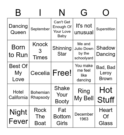 70'S SONGS Bingo Card