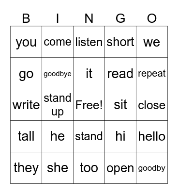 Vocabulary Bingo Card