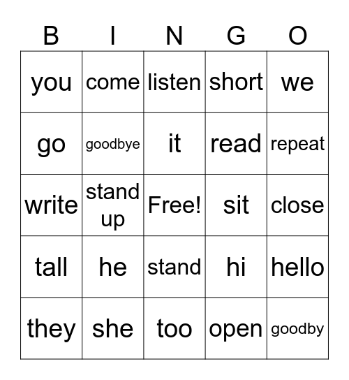 Vocabulary Bingo Card