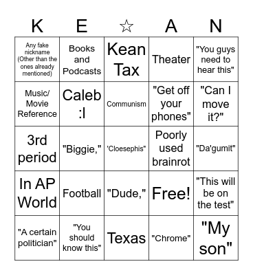 Kean Bingo Card