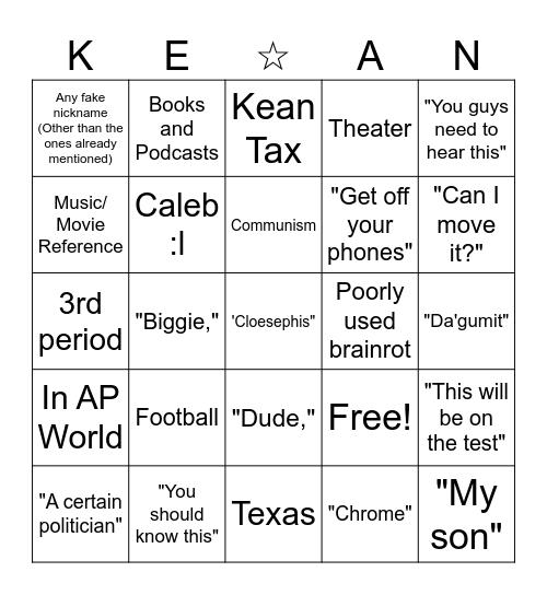 Kean Bingo Card