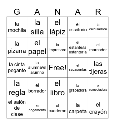 Vocabulario, La Escuela Bingo Card
