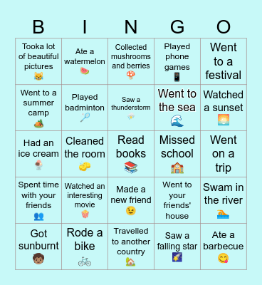 Summer holidays 2024 Bingo Card