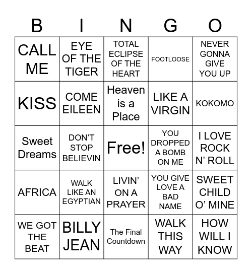 80'S Songs Bingo Card