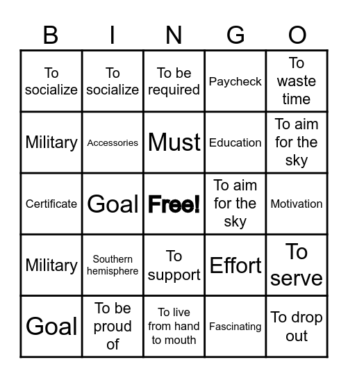 Back to school Bingo Card