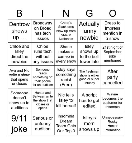 Insomnia Show 1 Bingo Card