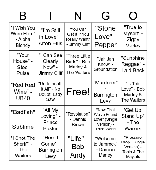 Reggae Hits Music Bingo Round #1 Bingo Card