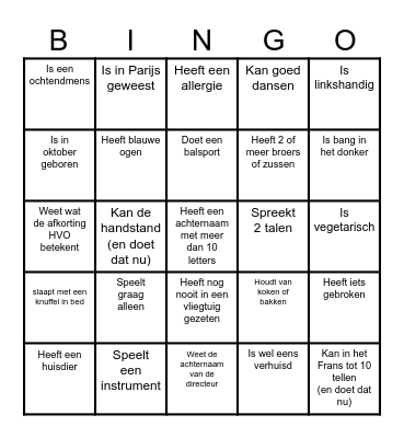 HVO Kennismakingsbingo Card