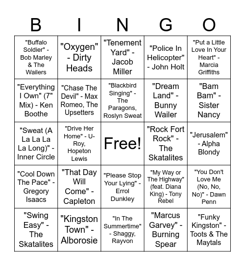 Reggae Hits Music Bingo Round #2 Bingo Card