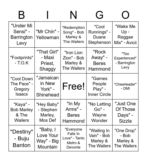 Reggae Hits Music Bingo Round #4 Bingo Card