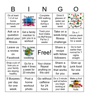Health and Wellbeing Bingo Card