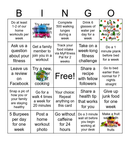 Health and Wellbeing Bingo Card