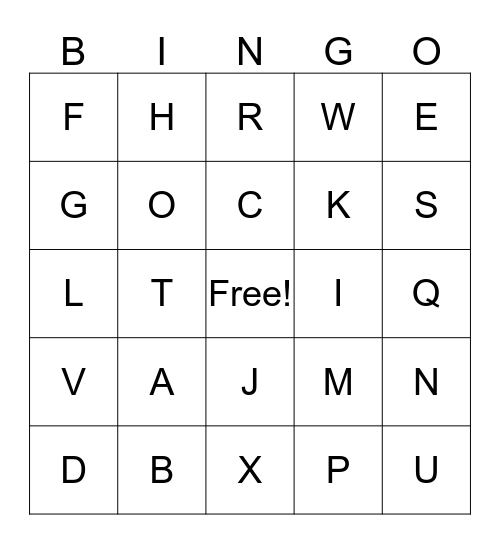 LETTERS Bingo Card