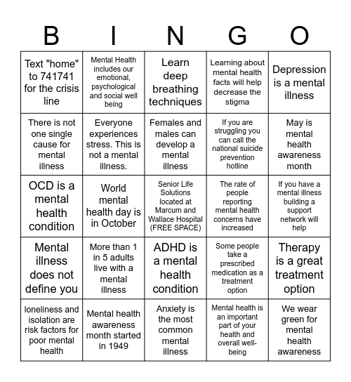 Mental Health Facts Bingo Card