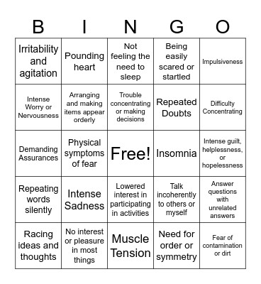 MENTAL HEALTH DISORDER SYMPTOMS Bingo Card