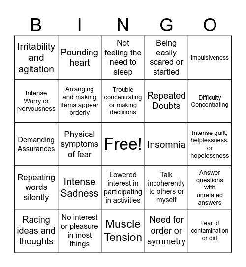 MENTAL HEALTH DISORDER SYMPTOMS Bingo Card