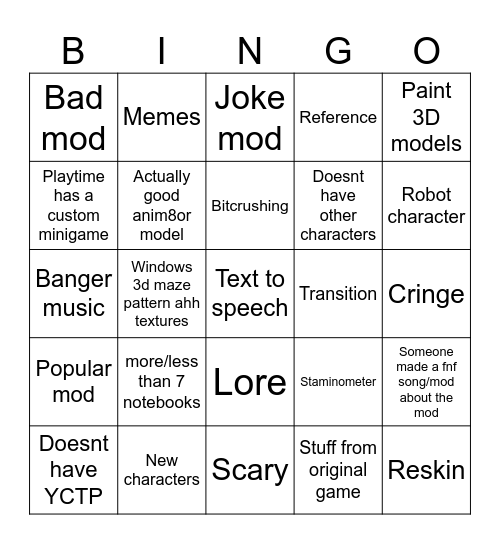 Baldi Mod Bingo Card