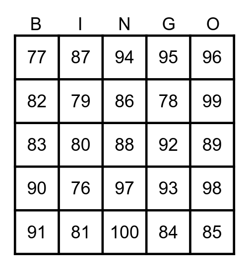 Numbers 75 to 100 Bingo Card