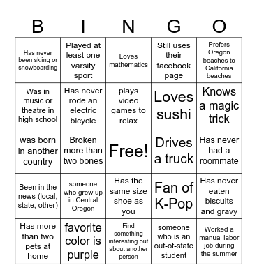 OSU-Cascades New Student BINGO Card