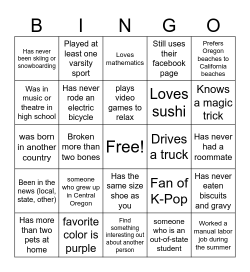 OSU-Cascades New Student BINGO Card