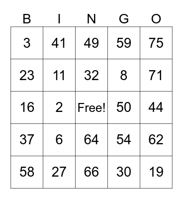 1-75 Card 1 Bingo Card