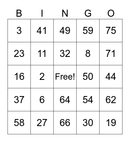 1-75 Card 1 Bingo Card