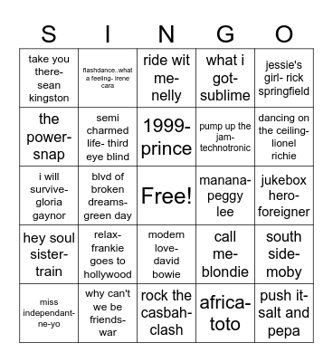 fun songs Bingo Card