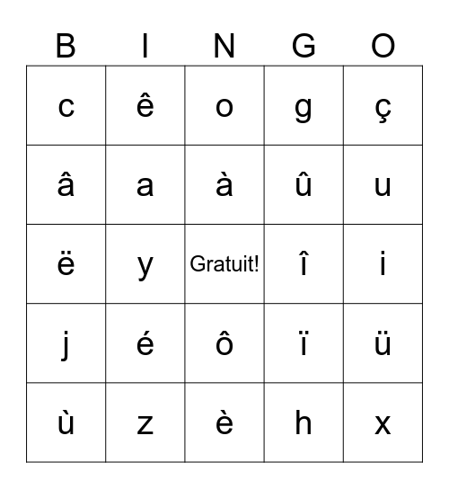 Les lettres et accents Bingo Card