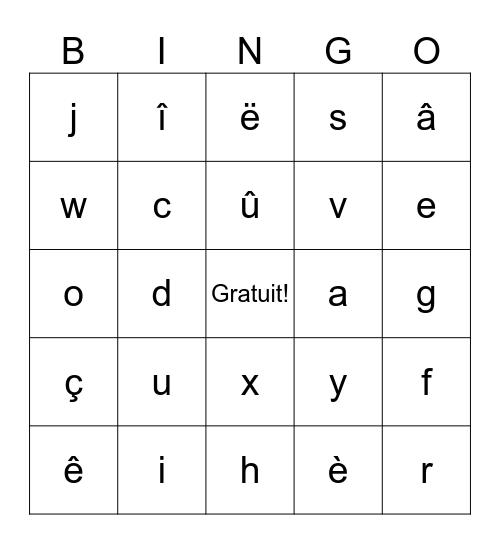 Les lettres et accents Bingo Card