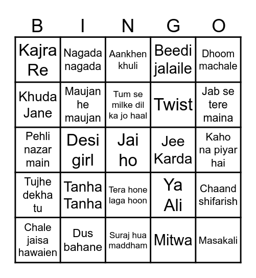 Bollywood Songs Bingo Card