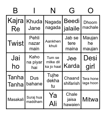Bollywood Songs Bingo Card