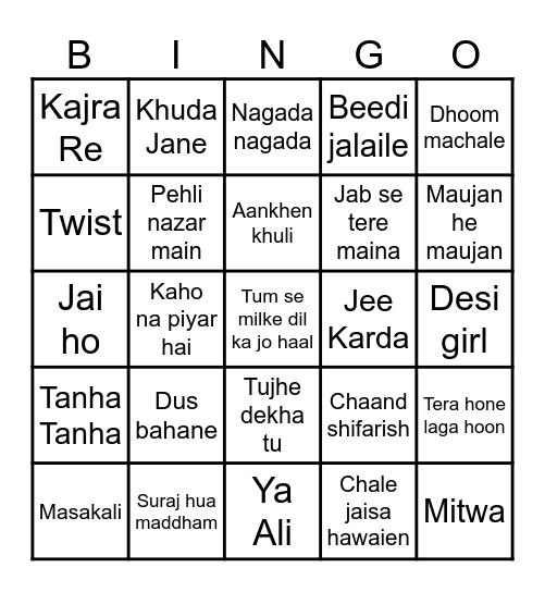 Bollywood Songs Bingo Card