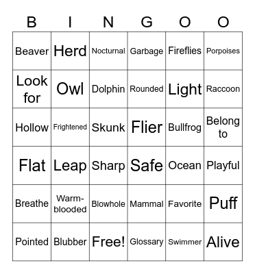 Animals at night/Dolphins & porpoises word review Bingo Card