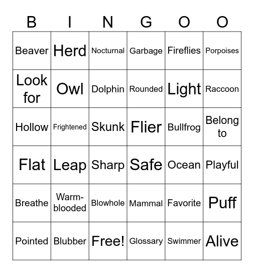 Animals at night/Dolphins & porpoises word review Bingo Card