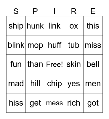 SPIRE Level 2 Lesson 1 and 1a Bingo Card