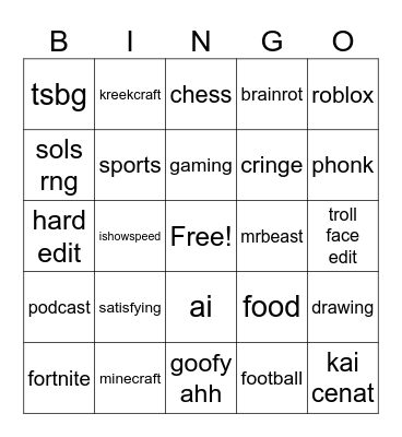 yt shorts bingo Card