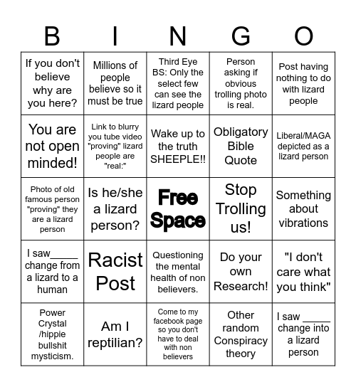 Lizard People Bingo Card