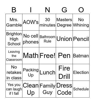 English Class Day One Bingo Card