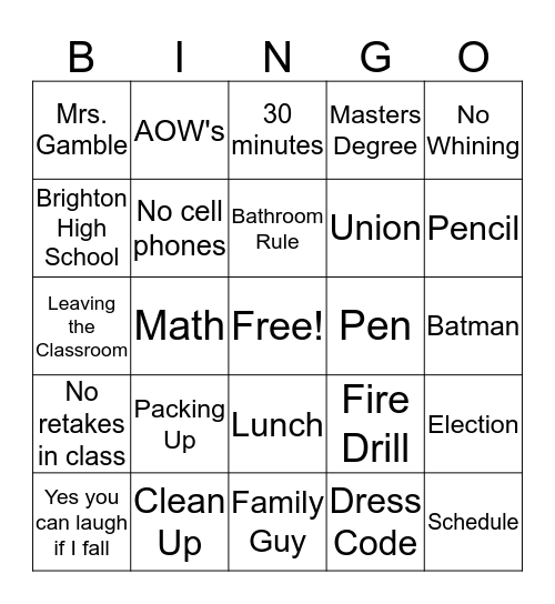 English Class Day One Bingo Card