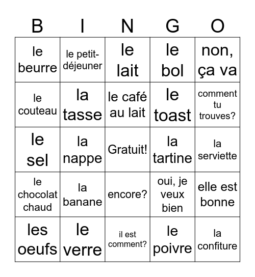 Chapter 6.1 vocabulaire Bingo Card