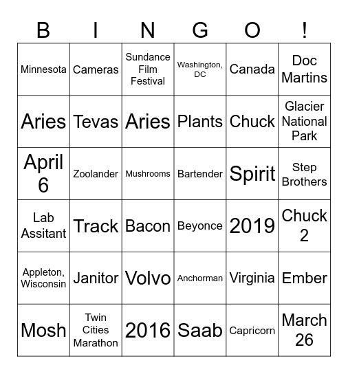 Hana + Pete BINGO! Bingo Card